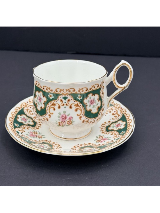 Queens Other - Vintage Queens Fine Bone China England TEACUP & SAUCER Green Roses Gold Accent